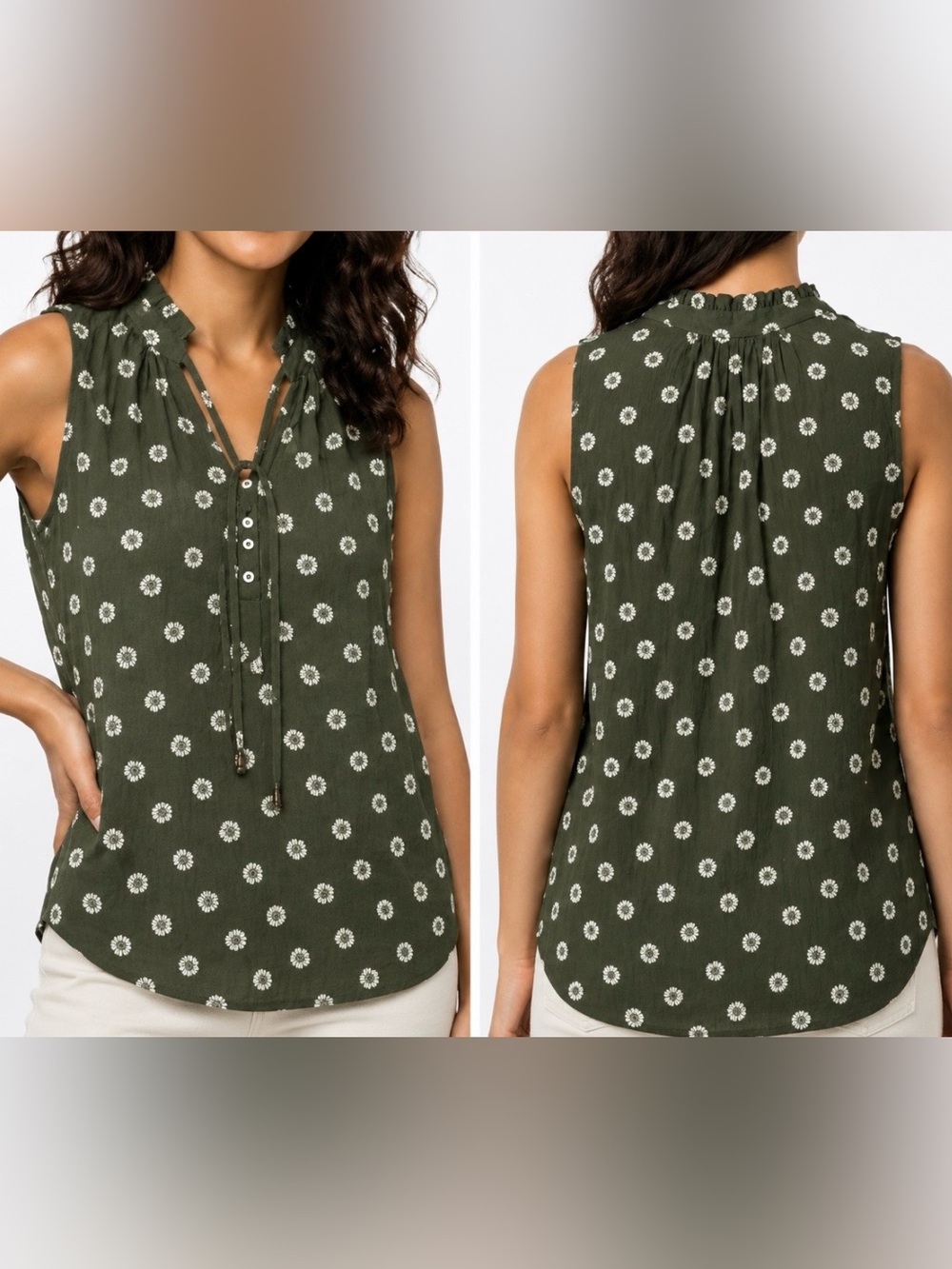 Market & Spruce Olive Green Floral Tie-Neck Top NWT